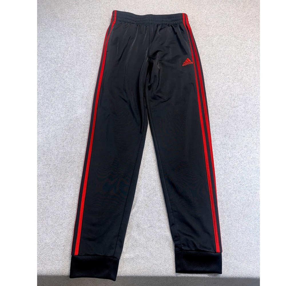 Adidas Track Pants Kids Medium 10/12 Black‎ Red 3-Stripes Regular Fit Athletic